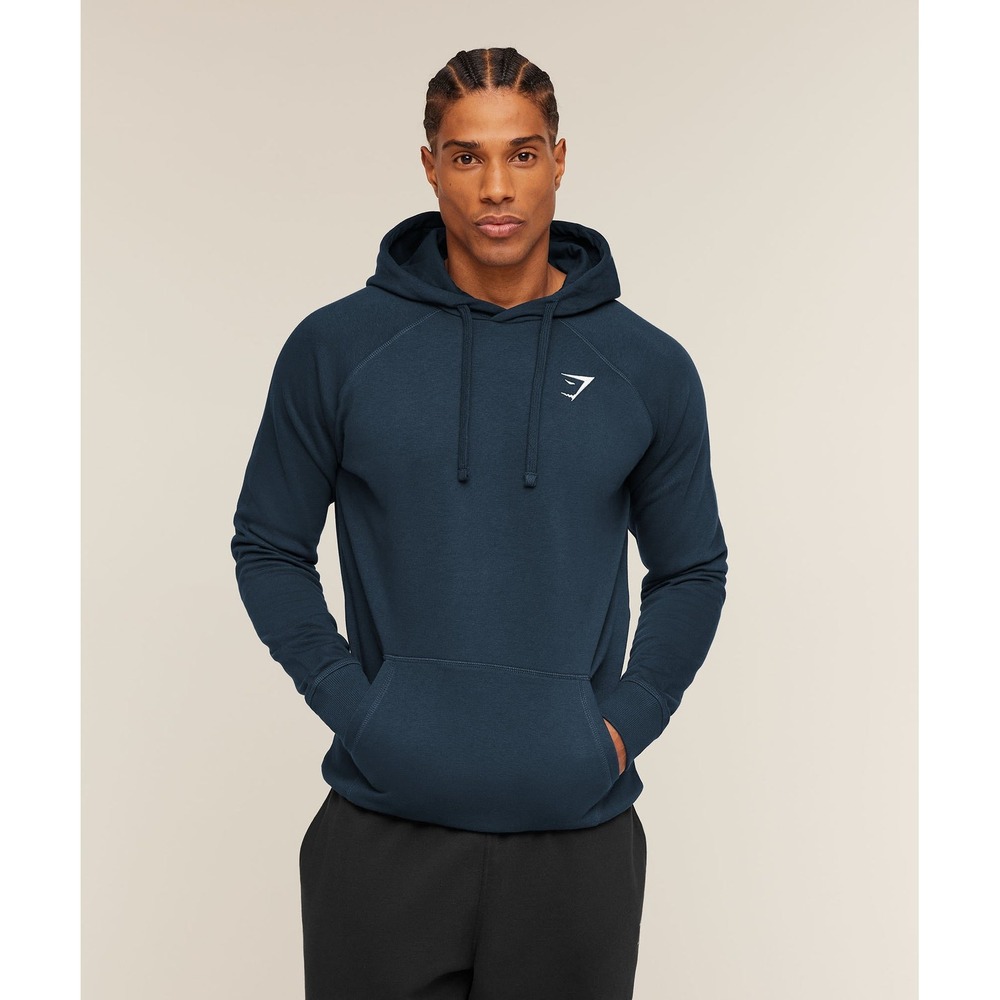 Gymshark Crest Pullover‎ Hoodie Mens Large Navy Blue Fleece Logo Hooded